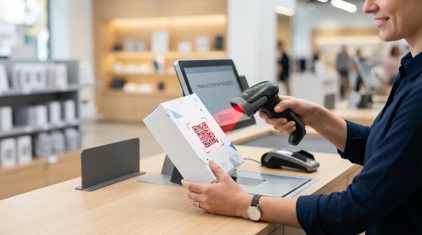 Retail POS Optical Scanner scanning 2D QR Code